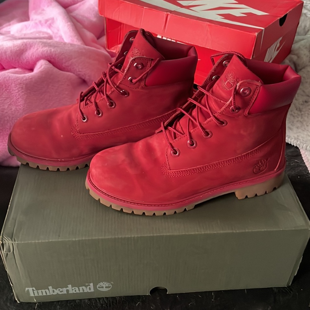Red timberlands worn only 2 times. - Picture 2 of 4